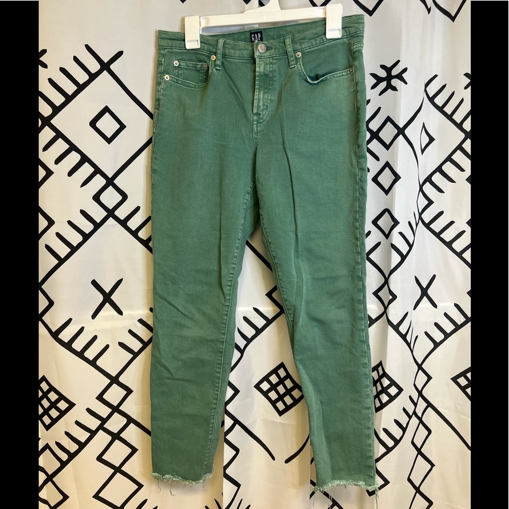 GAP Denim Teal/Green Cropped Fringed Bottom Skinny Jeans with Pockets size 7